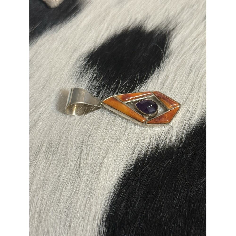 Huge Sterling Silver Jay King DTR Orange Spiny Amethyst Pendant Freeform - Picture 5 of 10